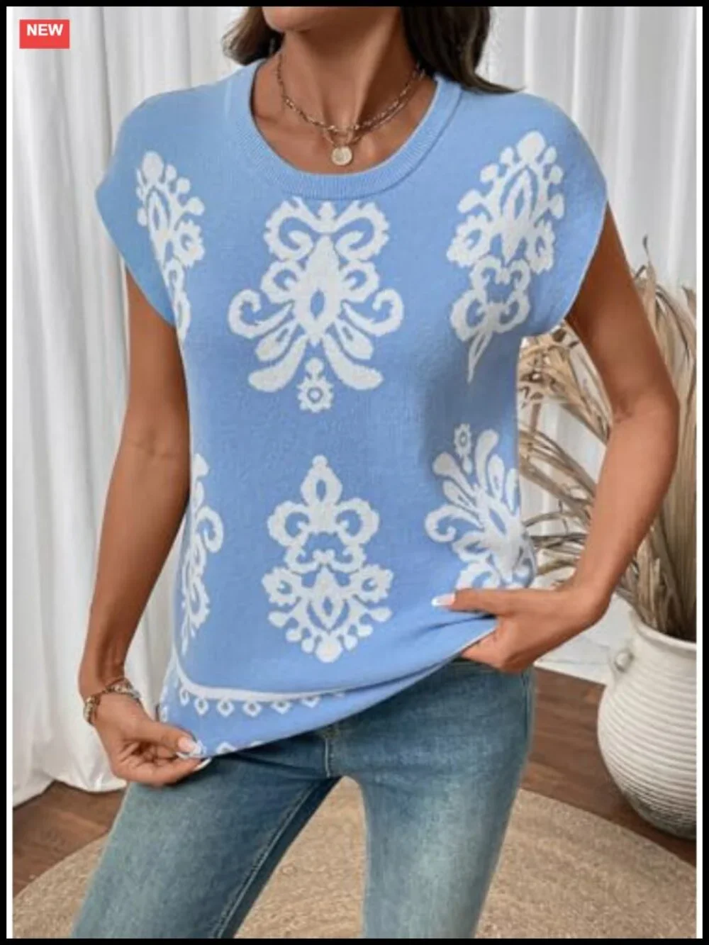 Lightweight Boho Knit Sweater Vest Crewneck Cap Sleeve Summer Top